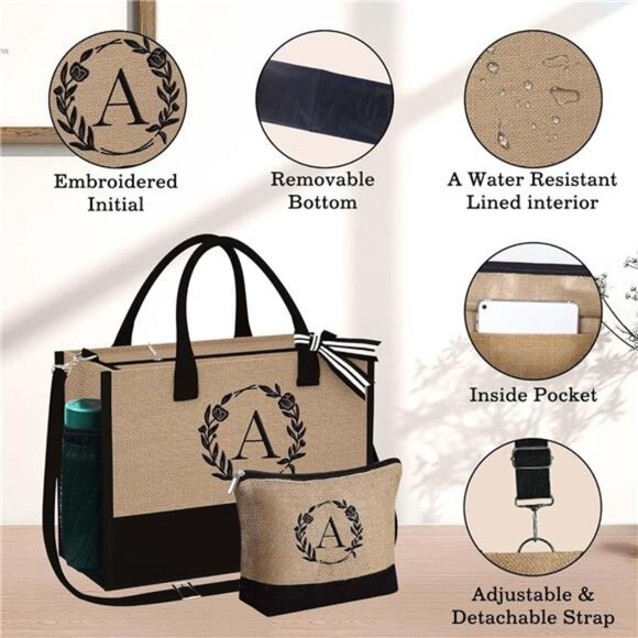 YOOLIFE Christmas Gifts for Women - Initial Tote Bag & Makeup Bag, Birthday